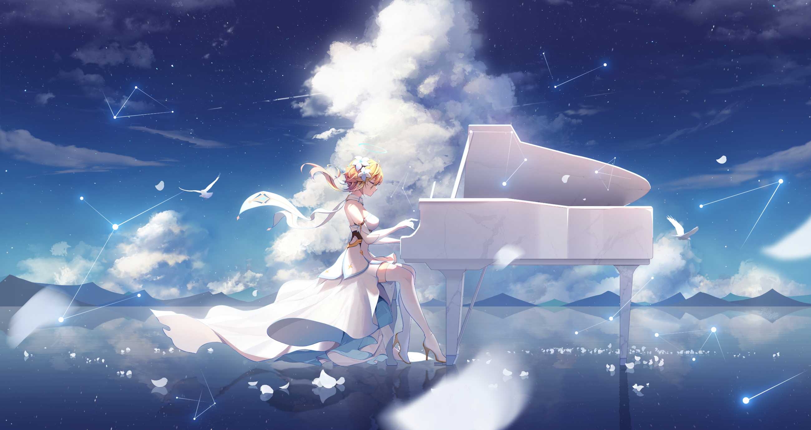 yande.re 1191410 dress genshin_impact heels lumine thighhighs zhuchengbi.webp